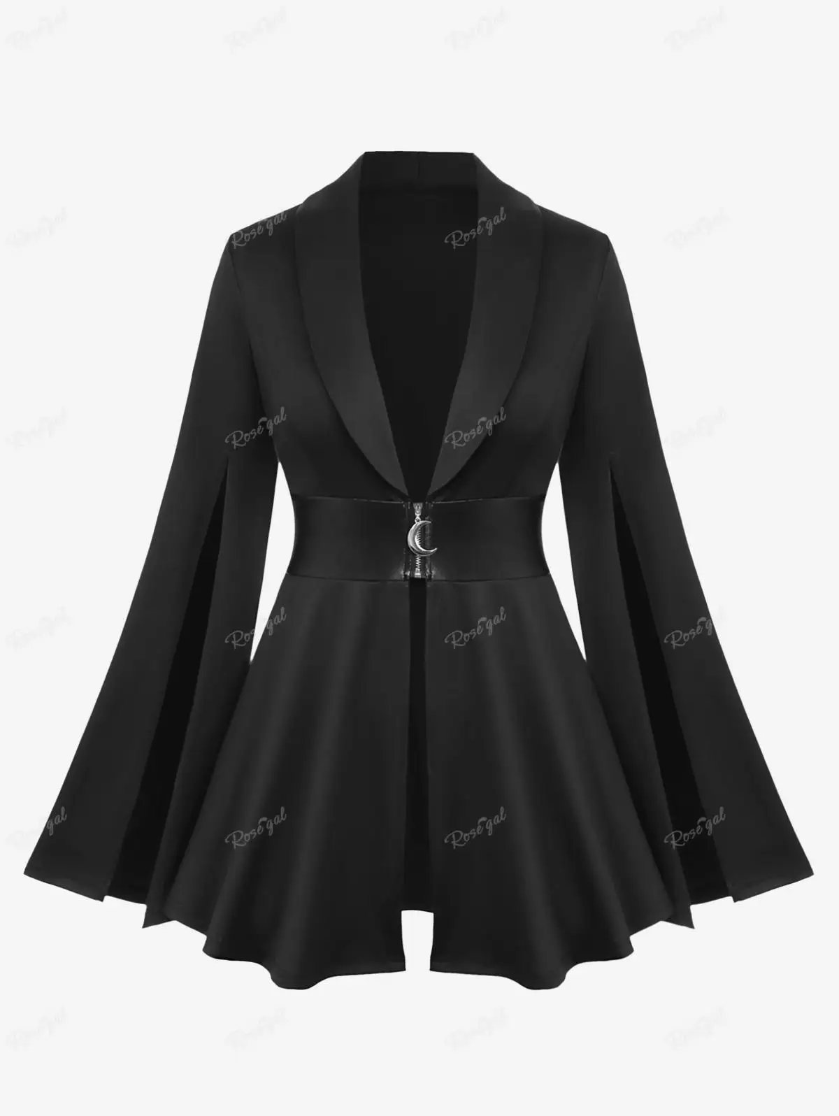 ROSEGAL Plus Size Gothic Wide-waisted Coat Lapel Collar Split Flutter Sleeves PU Panel Zipper Belted Ruched Jacket Outwear Black