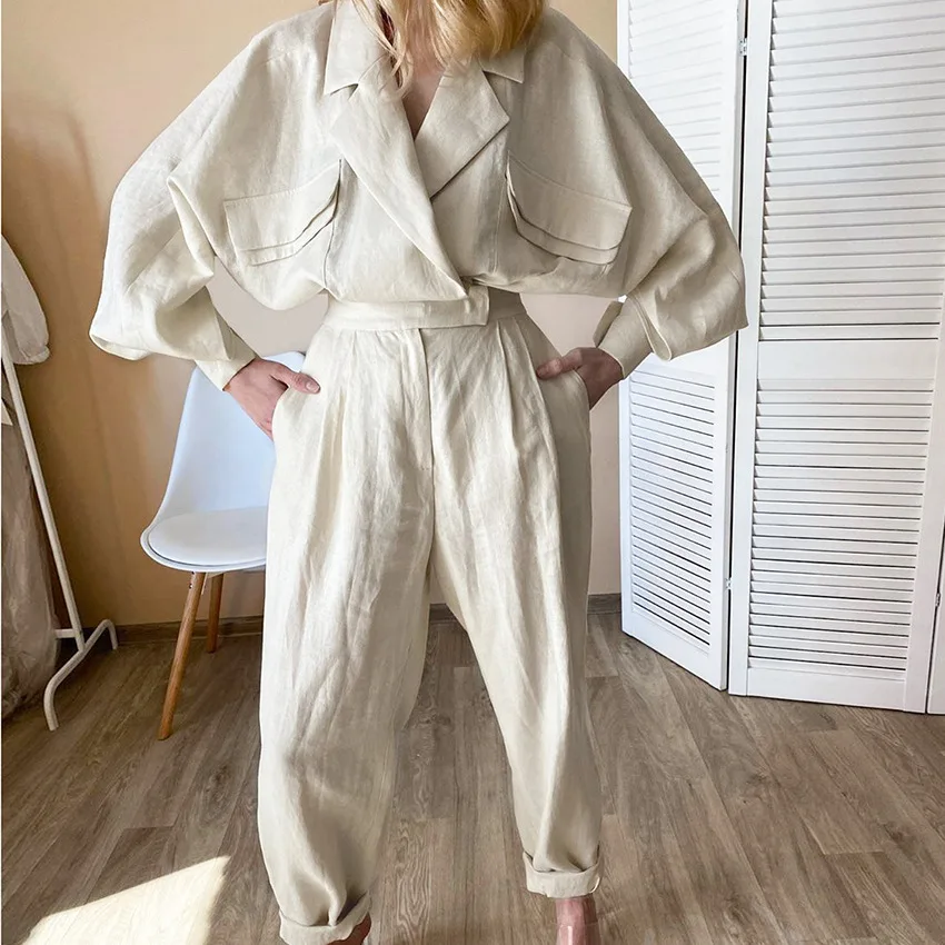 Autumn Fashion Oversize Chic Cotton Linen Breasted Jacket Female Batwing Longs Sleeve Blazers Womens Clothing Jackets Blue Coats