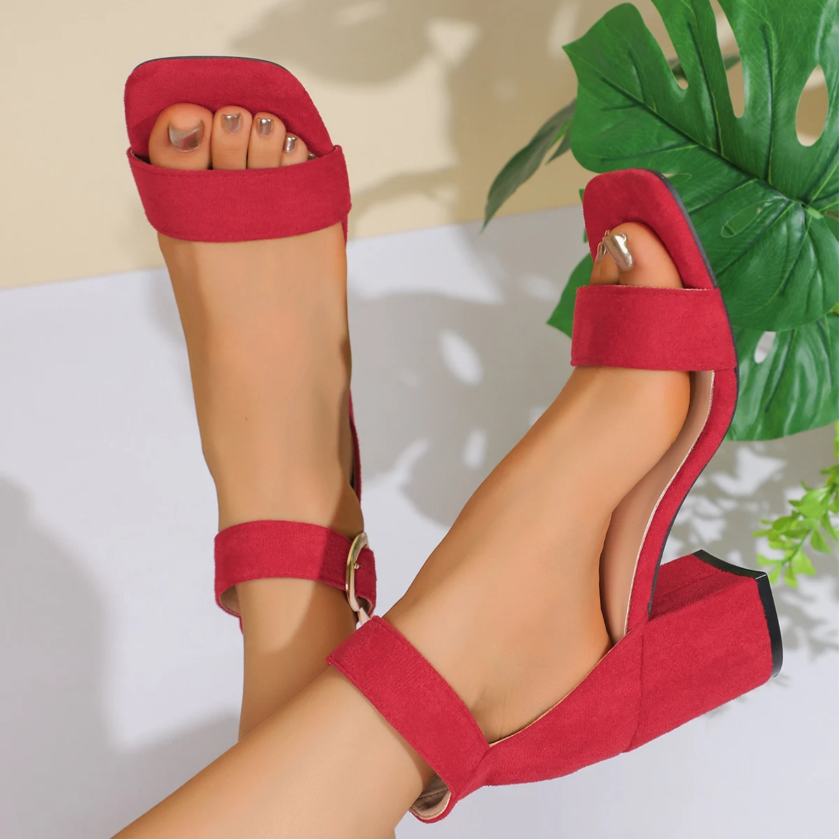 Women Sandals New Summer Fashion Sandals Medium High Heels Outdoor Elegant Wedding Shoes Bridal Plus Size Buckle Strap Sandals