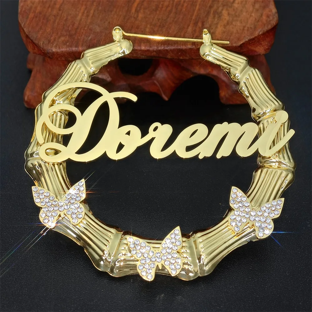 2023 Custom 60-100mm Butterfly Bamboo Hoop Earring Personalize Letter Gold Big Nameplate Zircon Earring For Women Jewelry Gifts