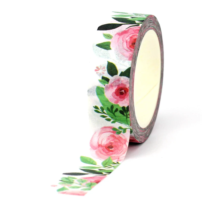 

2022 NEW 1PC 10M Decorative Pink Flowers and Green Leaves Washi Tape for Planner Adhesive Masking Tape Cute Papeleria