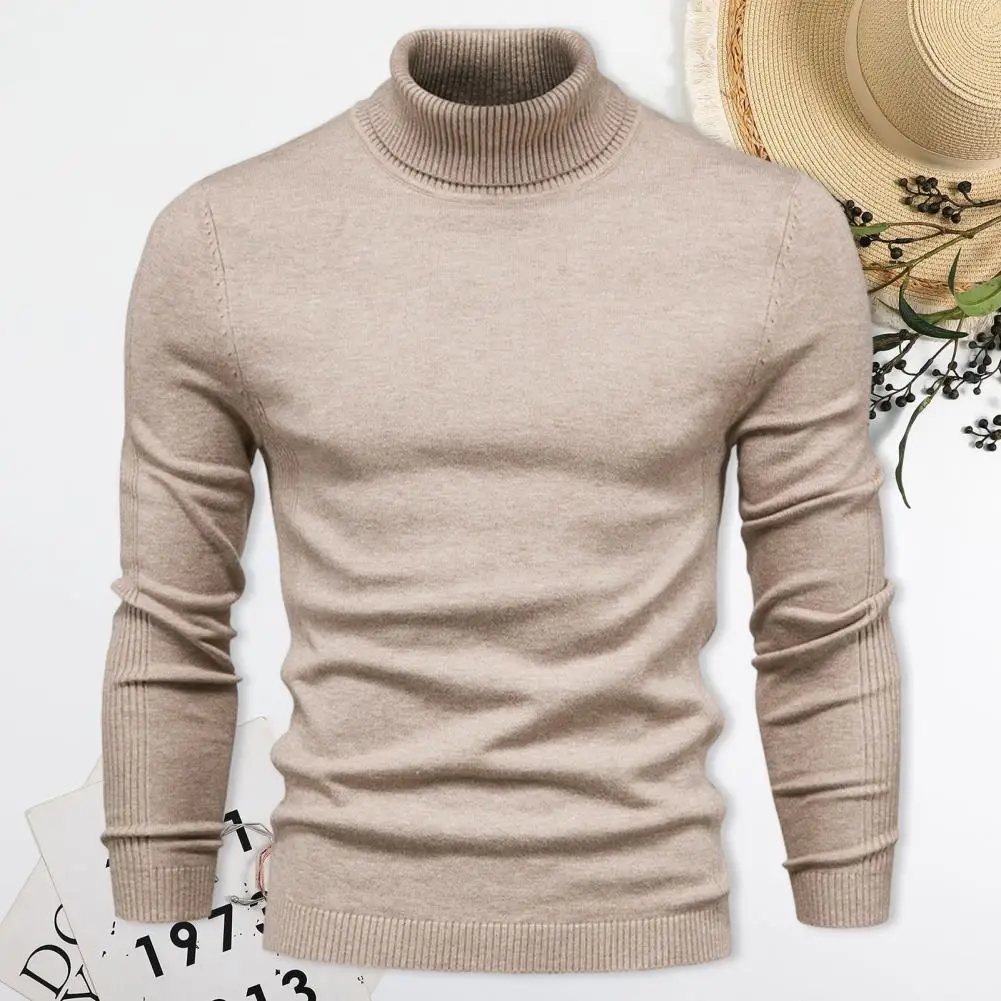 Fall Winter Men Sweater Solid Color High Collar Knitted Top Thick Long Sleeve  Knitwear Slim Fit Elastic Mid Length Sweater