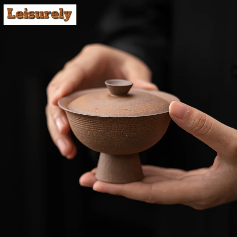 Hand Pinched Rock Mud Gaiwan Antique Rough Pottery High Foot Tea Tureen Japanese Tea Maker Cover Bowl Chinese Tea Set Ornaments