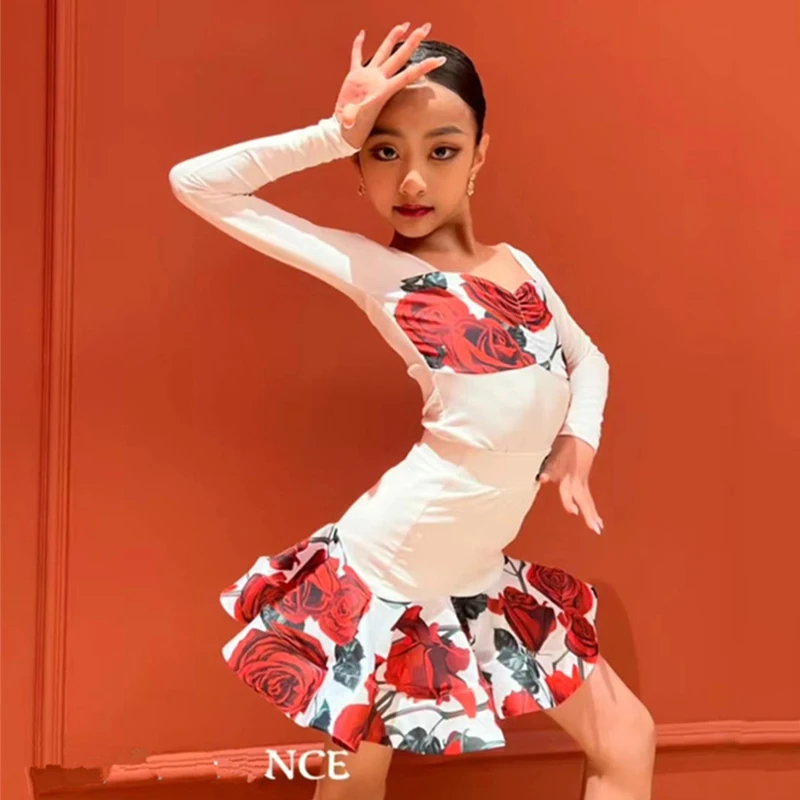 

2024 New Latin Dance Practice Clothes Long Sleeved Fishbone Skirt Suit Chacha Rumba Tango Dress Kids Latin Dance Dress DN17438