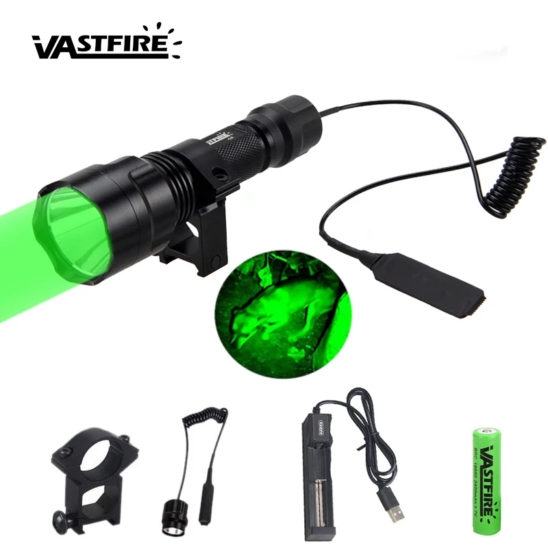 

C8 4000lm White Led Flashlight Green Tactical Hunting Lantern+Rifle Scope Airsoft Mount Clip+Remote Switch+18650+Charger