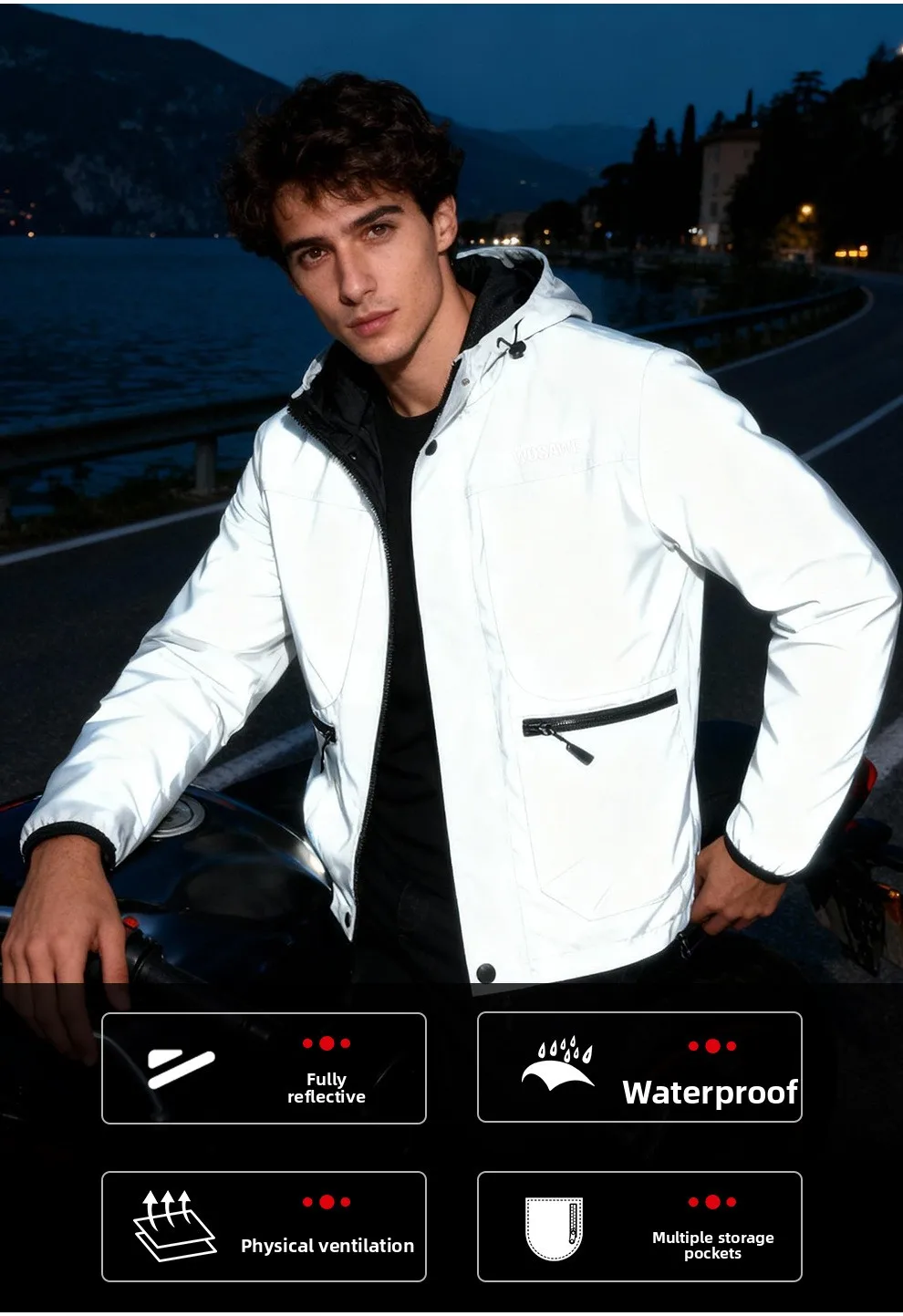 WOSAWE دراجة نارية سترة عاكسة كاملة الرجال النساء ليلة لامعة سترة واقية الشارع ركوب الهيب هوب فضفاض مقنعين معاطف مع جيوب