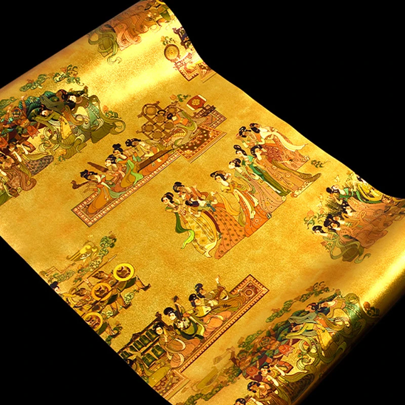 Golden 3d Lady Figura Papel de Parede Folha de Ouro Não Autoadesivo Mural Clássico Chinês Sala de Estar Hotel Decoração de Casa Adesivo de Parede