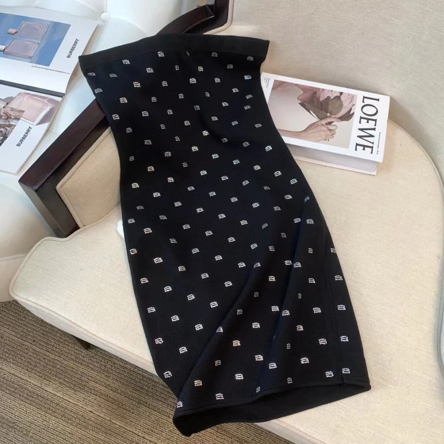 AW Wang Luxury Brand Design Diamond A Letter Black Elasticity Dress For Women Sexy Evening Party Short Mini Skirt Clothes
