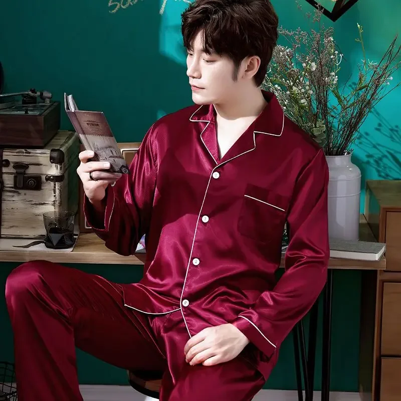 2024 New Spring Autumn Men Long Sleeve Pajama Set Thin Plus Size Middle-aged Ice Silk Cardigan Loungewear Loose V-neck Homewear