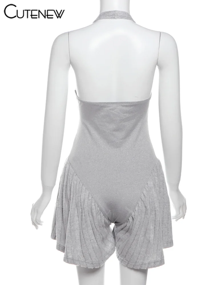 Monos de retazos con cuello halter para mujer, informales, a rayas, sin mangas, con cuello en V, con cremallera y escote entallado, ropa de verano concisa para mujer