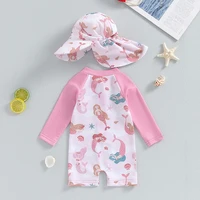 Baby Girl's Bathing Suit Set Sea Shell Print Long Sleeve Rash Guard Swimsuit Wide Brim Sun Hat Infant Toddler Beachwear 2