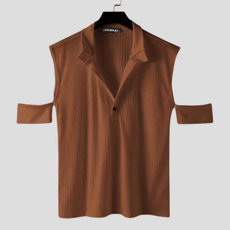 thumbnail image 1 of INCERUN Tops 2024 estilo coreano guapos hombres de punto camisetas con hombros descubiertos casual sólido cuello alto manga corta camiseta S-5XL, 1 of 5