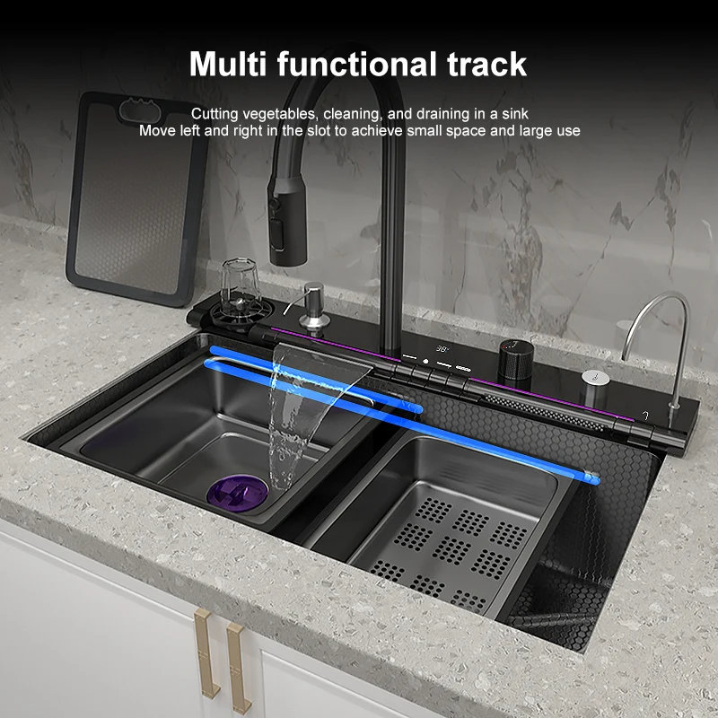 80CM Multifunctional Kitchen Sink Stainless Steel Waterfall Faucet Smart Temperature Panel Piano Button Sink For Hotel Kitchen