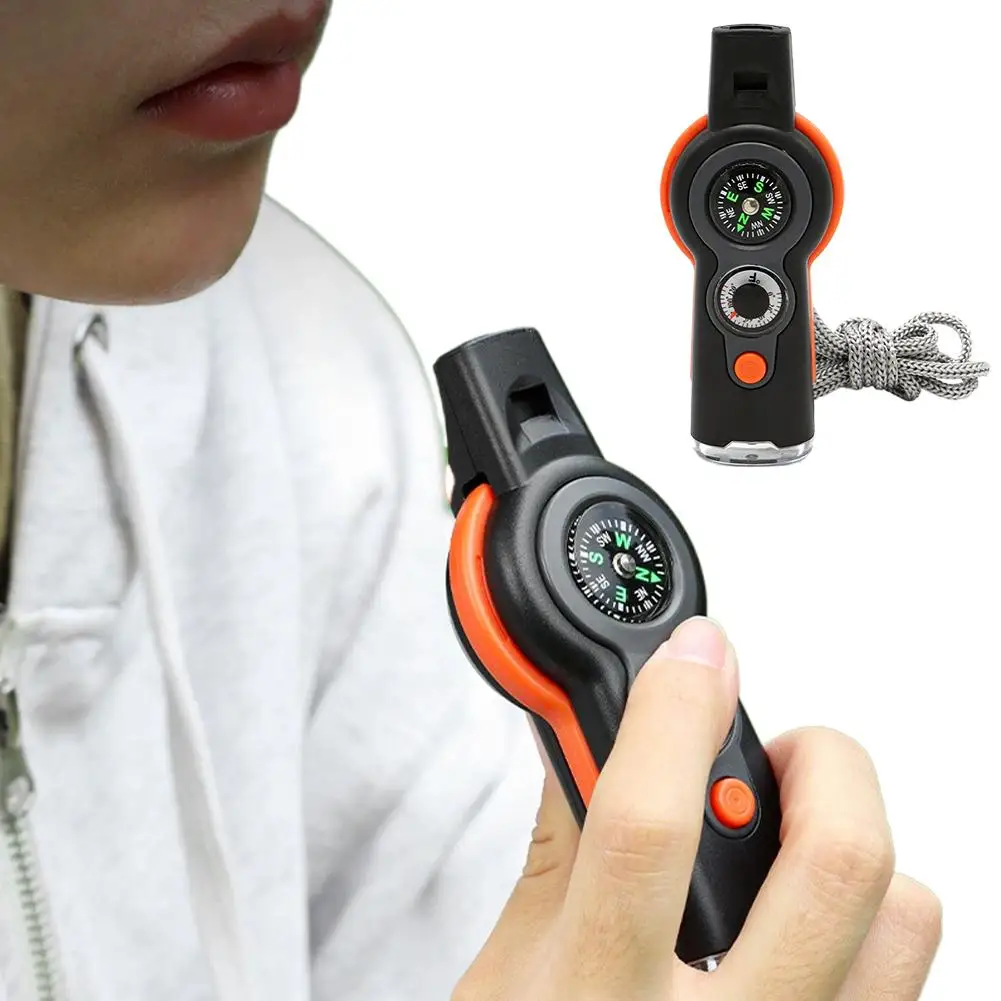 Sifflet survie multifonction 7-en-1 - Accessoire voyage avec LED et boussole pour pêche