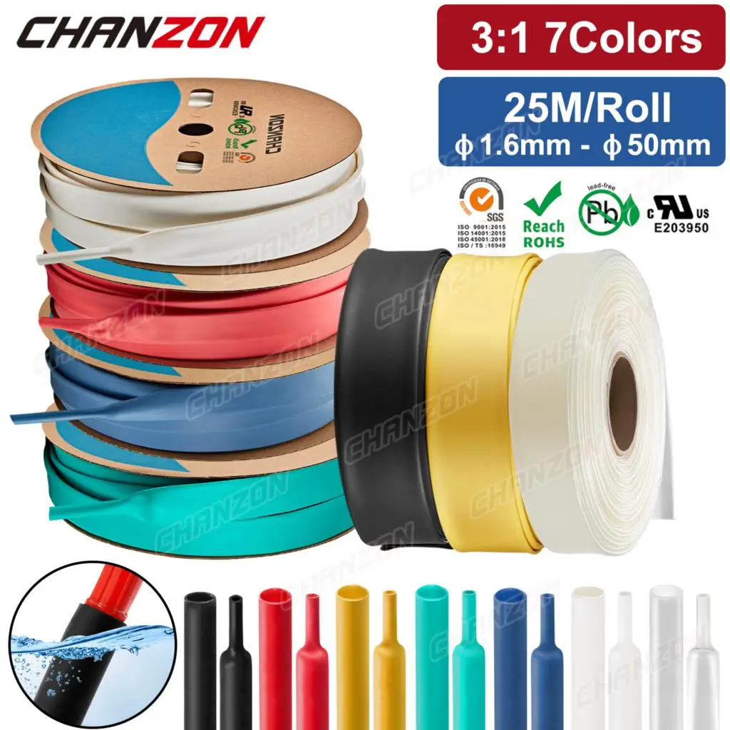 25M/ Roll 3:1 Φ 1.6mm - 50mm 7 Colors Heat Shrink Tube Adhensive Lined Double Wall Wrap Glue Marine Grade Polyolefin Wire Tape