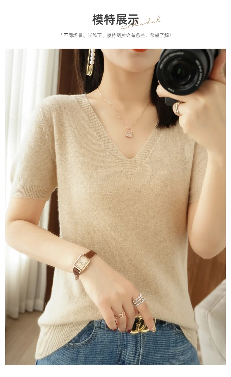 New Spring Summer Cashmere  Sweater Short sleeve V-Neck Pullover Casual Knitted Short sleeve Sweater cropped sweater