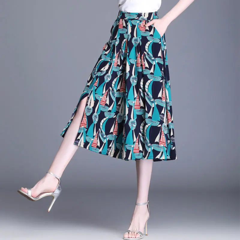 2024 New Summer Fashion Elegant Temperament Commuting Style High Waisted Slimming Print Loose Oversize Five Point Wide Leg Pants
