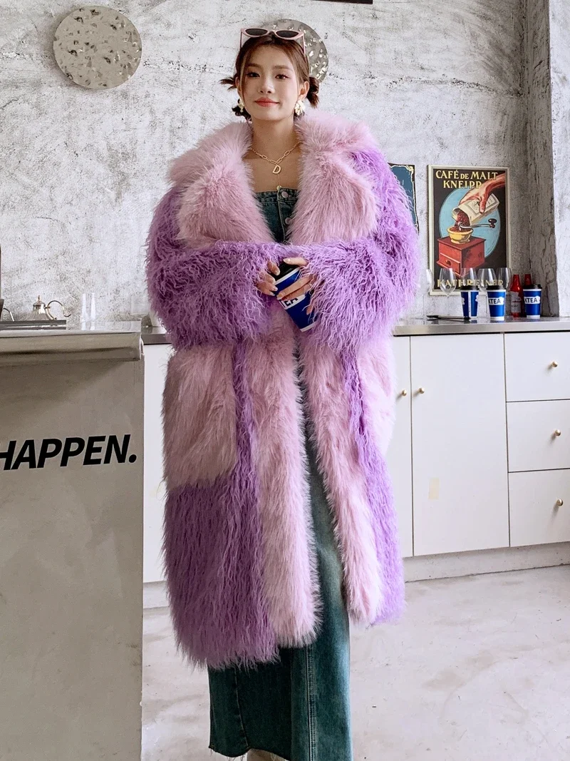 Cherry Blossom Pink Faux Fur Long Loose Large Lapel Furry Coat Women's Lamb Fur Large Pocket Coat Cotton Padded Thick Overcoats