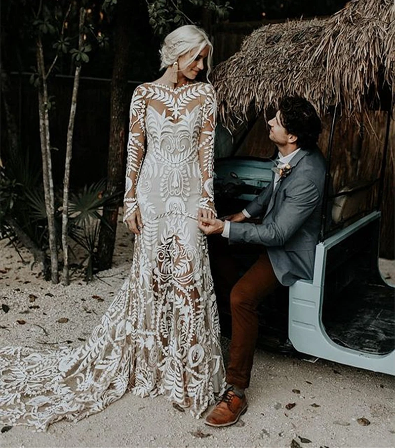 Vestidos de novia boho de encaje sirena con mangas largas Blanco