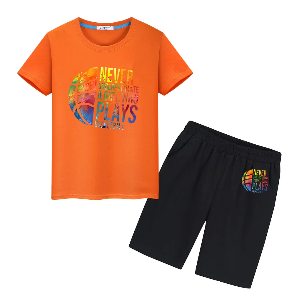

Basketball Print 100%Cotton T-shirt Sports Sets Summer Cute Tees Tops+shorts Kawaii Tshirts boys girls clothes kid holiday gift