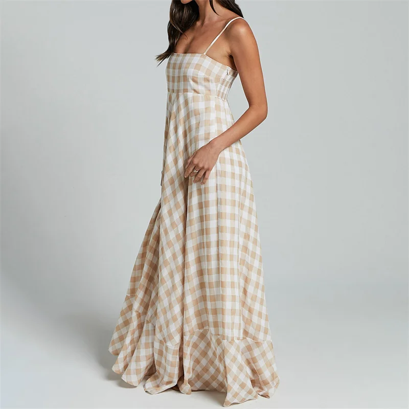 Summer Long Dresses Women Plaid Print Spaghetti Strap Sleeveless A Line Dresss Vacation Party Dresses Beachwear