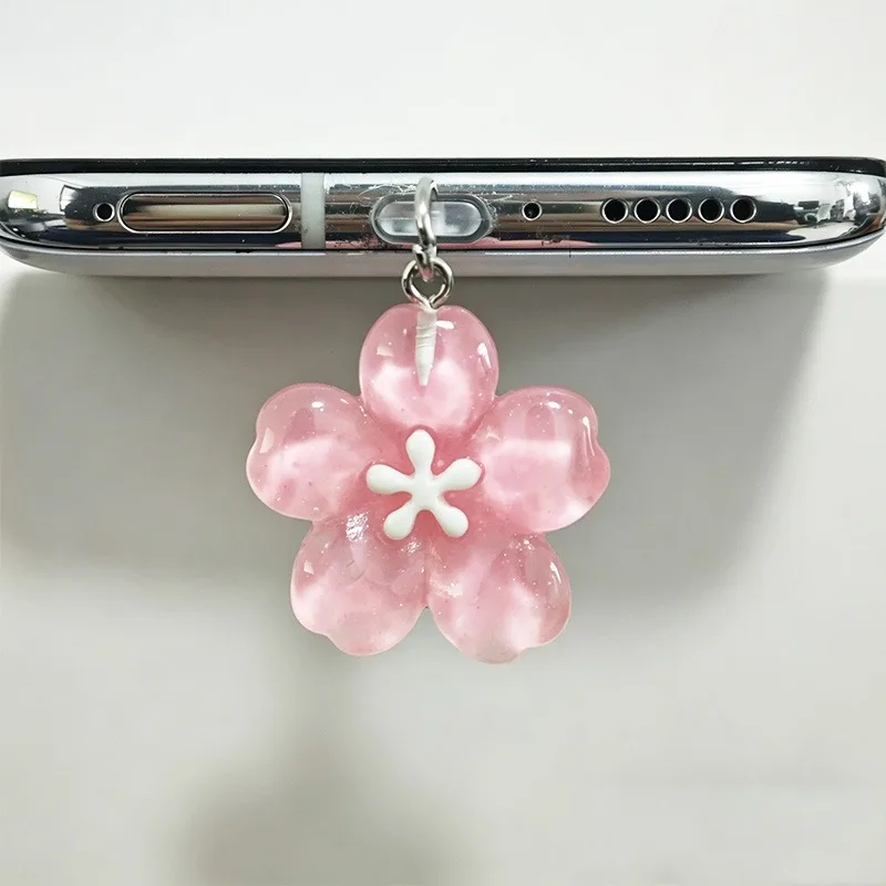 Pink Cherry Blossoms Phone Dust Plug with Hanging Pendant Decoration