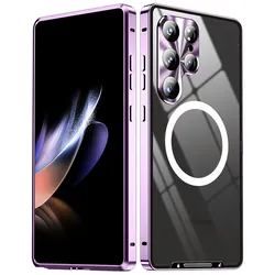 Matte Metal Frame Magnetic Case with Metal Ring Camera Protector and Clear Back Cover - Galaxy S23 Ultra (PURPLE)