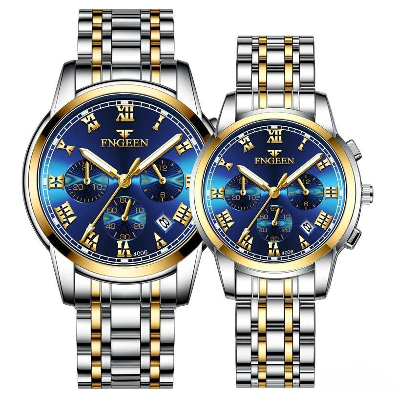 Novo relógio de casal relógio noturno brilho calendário à prova d'água e elegante imitação de três olhos seis agulhas esportes negócios relógio de banda de aço masculino_voghion.com