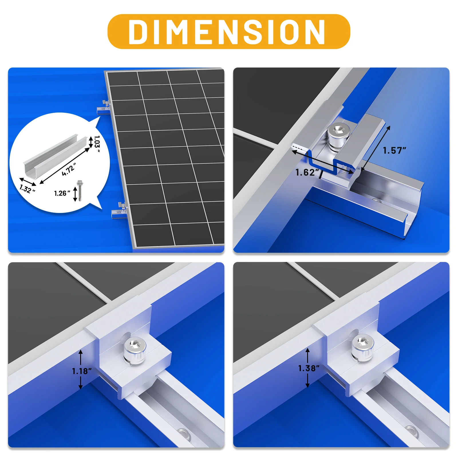 Solar Panel Mount Bracket Kit with 4.72IN/120mm Mini Rails Middle Clamps End Clamps and Rubber Pads for Shingle Slate Wood