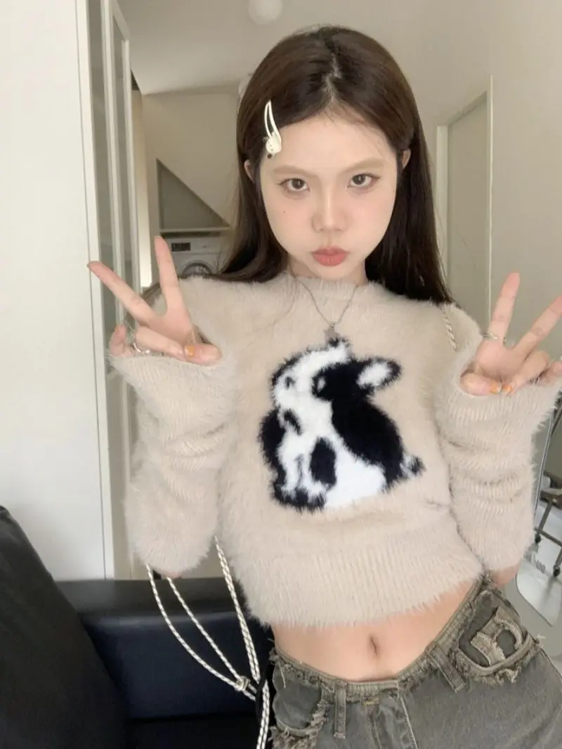 

STSVZORR Kawaii Imitation Mink Short Sweater Women's Autumn 2023 New Cute Rabbit Print Slim Fit Knitted with Sleeve Top