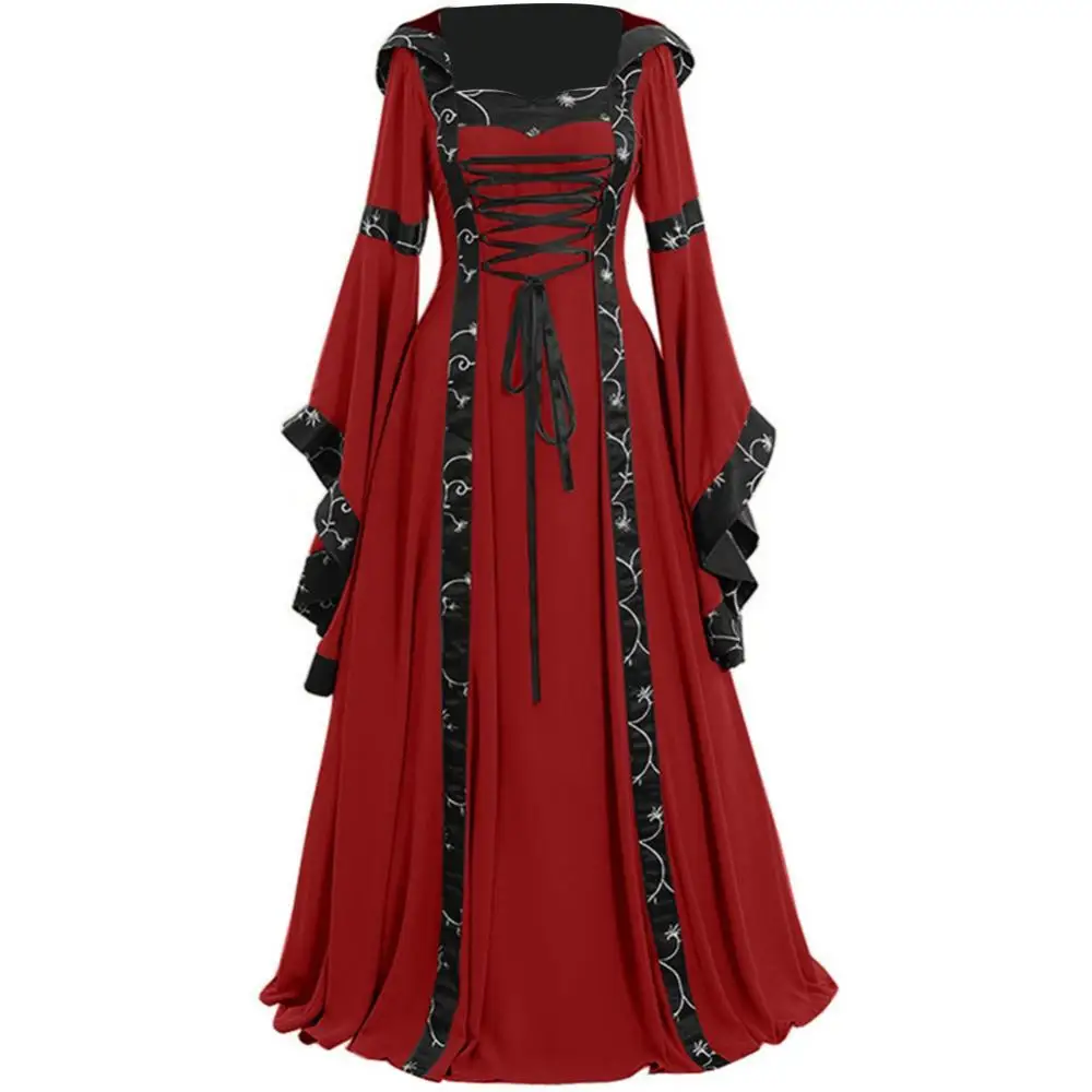 Retro Women Medieval Dress Lace Up Long Sleeve Floor Length Party Dress Halloween Costume Long Dresses halloween costumes