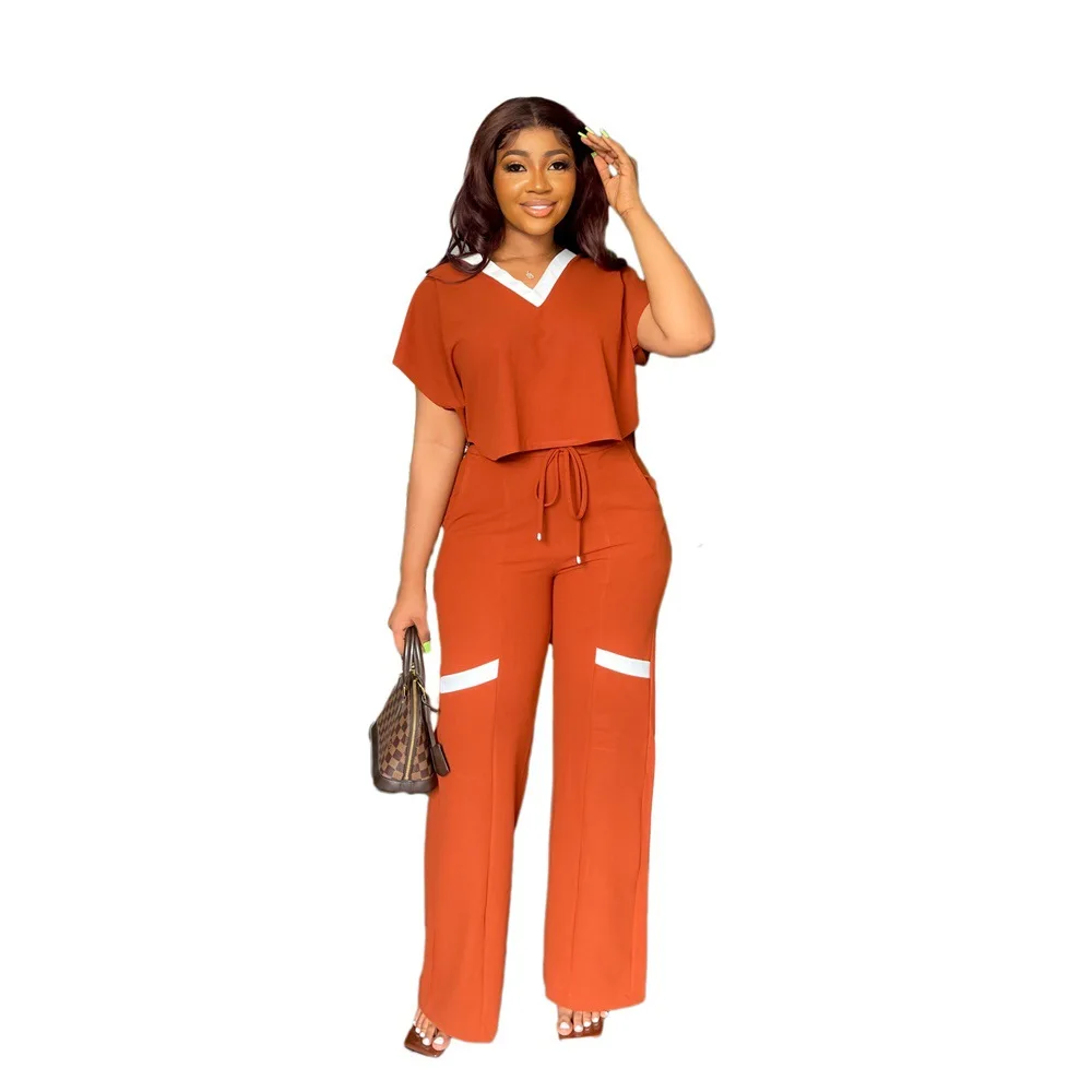 Autumn Women's Suit Fashion Casual Short-Sleeved T-shirt Sports Suit Straight Pants Temperament Elegant Commuter Two-Piece