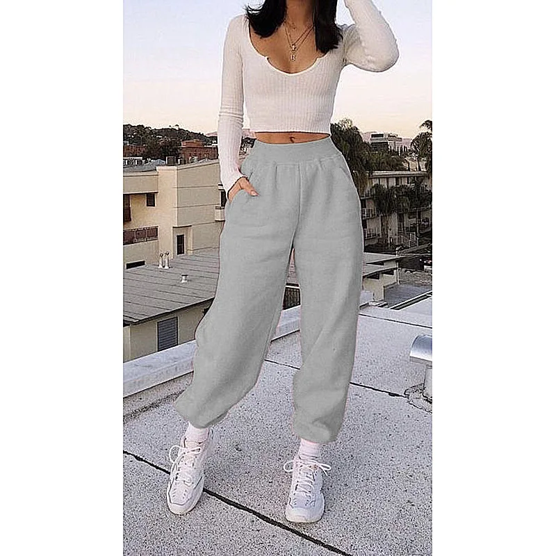Women Fashion Solid Color Sports Pants All-Match Sweet and Lovely Warm Casual Pocket High Waist Comfortable Homewear Sweatpants
