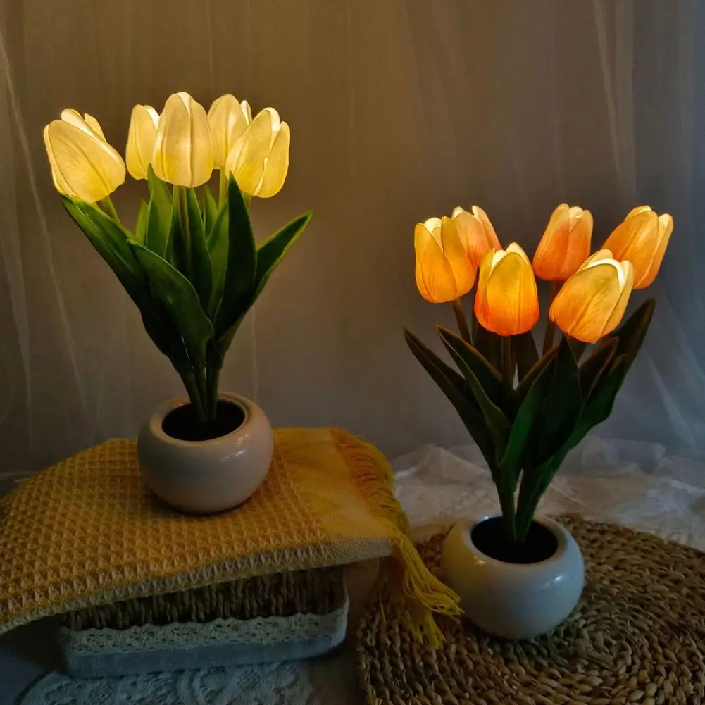 

Lamp Wedding Living Room Home Decoration LED Night Light Real Touch Creative Six Branches Tulips Potted Artificial Flower Bedsi