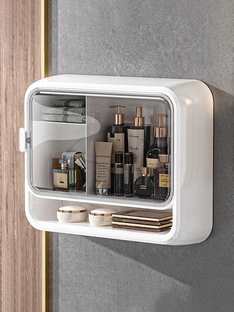 1pc Punch Free Dust-proof Storage Rack With Lid, Household Large Capacity Storage Shelf For Wall-mounted Cosmetics Storage Box 3