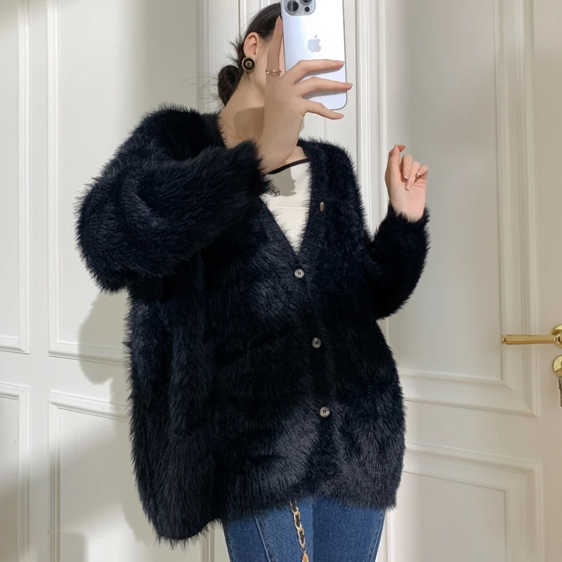 여성용 두꺼운 오버사이즈 푹신한 스웨터, 합성 밍크 캐시미어 코트, 래글런 슬리브, V넥 니트 스웨터, 가디건, 가을 겨울