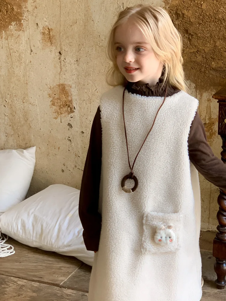 

Girls' Lamb Wool Vest Skirt Korean Style Children's Clothing Autumn and Winter Children's Baby All-Match Sleeveless Thickened Dr