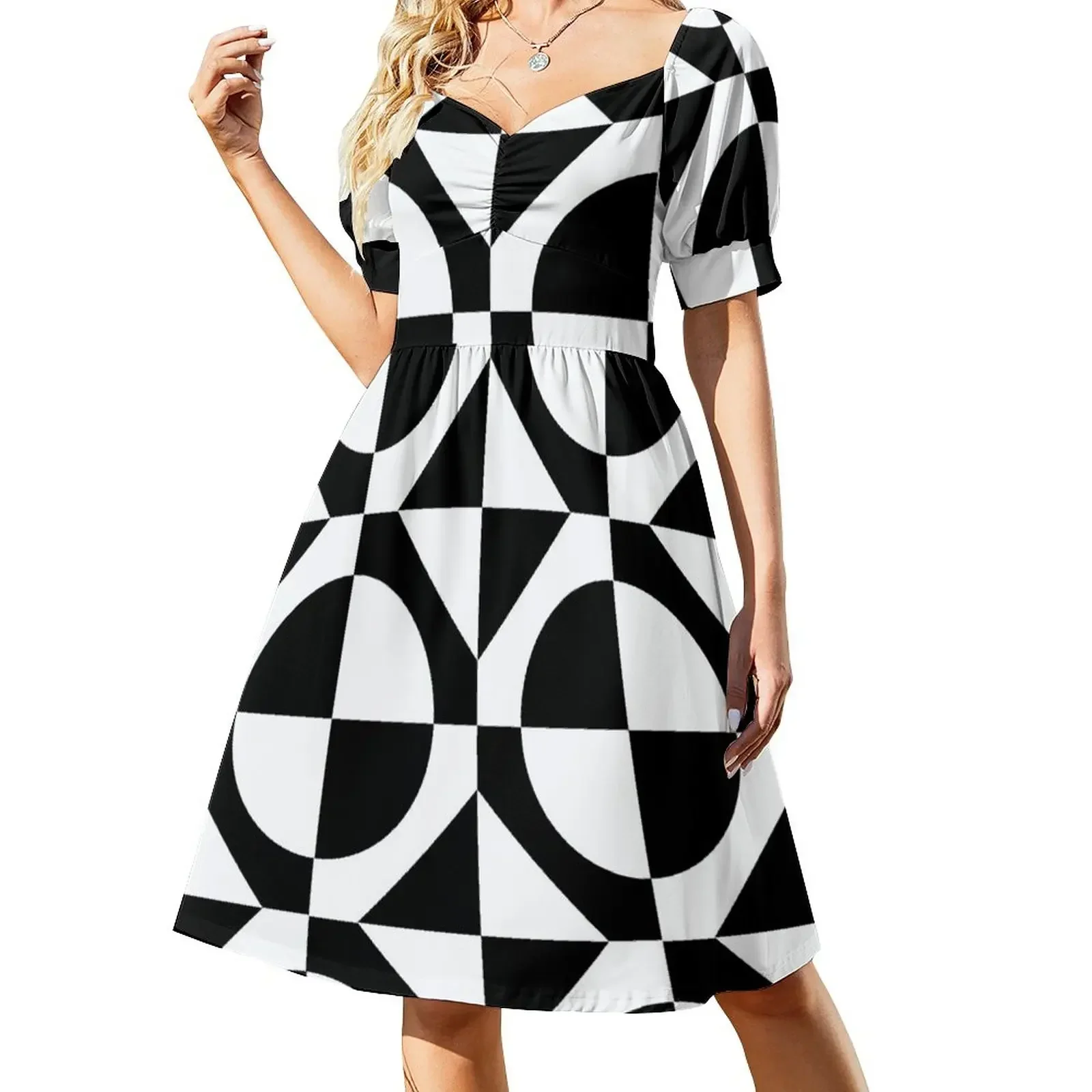 thumbnail image 1 of Vestido de mujer estilo años 60 en blanco y negro, estilo Ska Mod, de manga corta, en dos tonos, holgado, con velo, para verano., 1 of 8