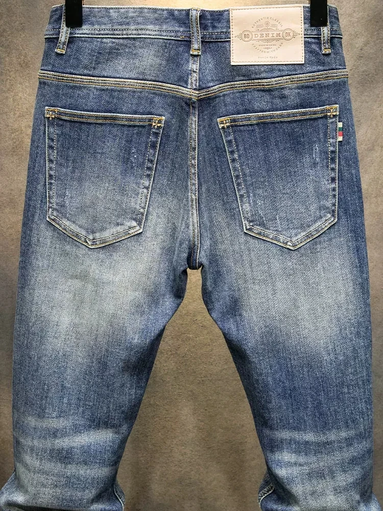 Newly Designer Fashion Men Jeans Retro Blue Elastic Stretch Slim Vintage Jeans Men Straight Trousers Casual Denim Pants Hombre