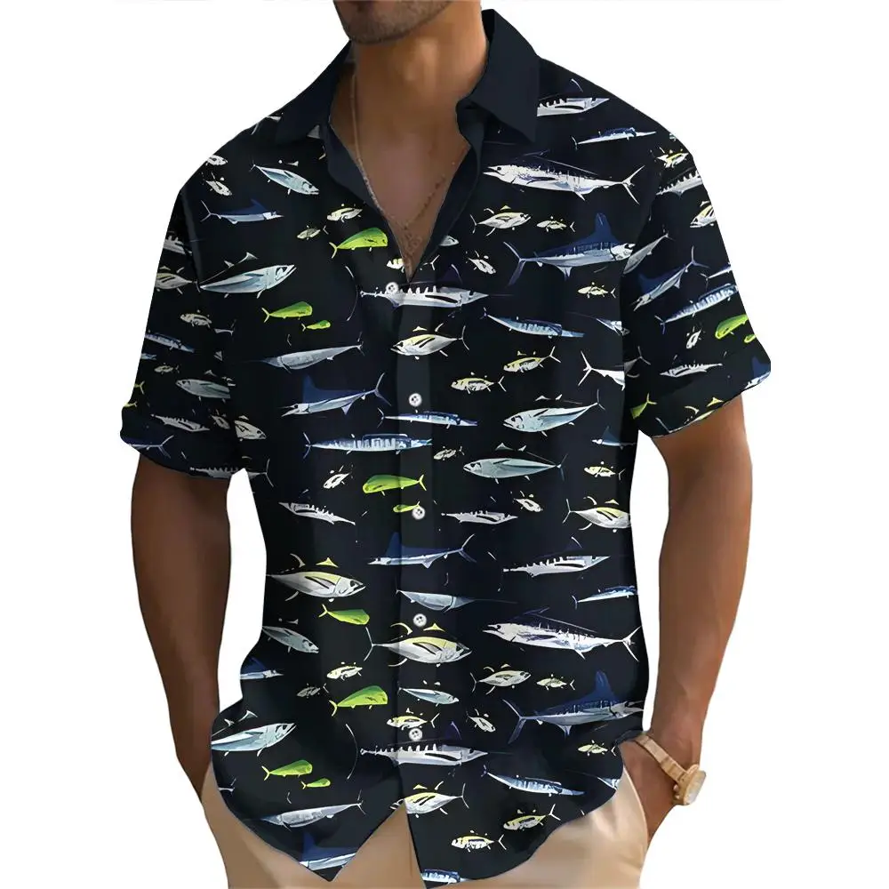 Summer Fashion Ocean Fish Print Men's Short Sleeve Casual Printed Tops Seaside Vacation Travel Wear Oversized Tops 3