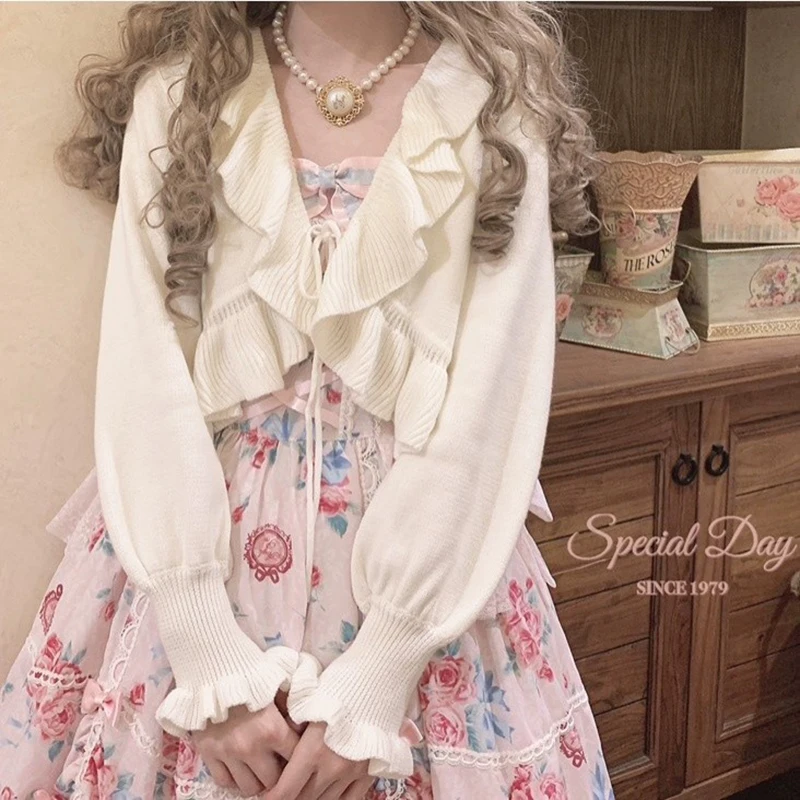 Japanese Sweet Knitted Cardigan Women Fall Ruffles Kawaii Lace Up Cropped Sweaters Harajuku Aesthetic Lantern Sleeve Cute Tops 2