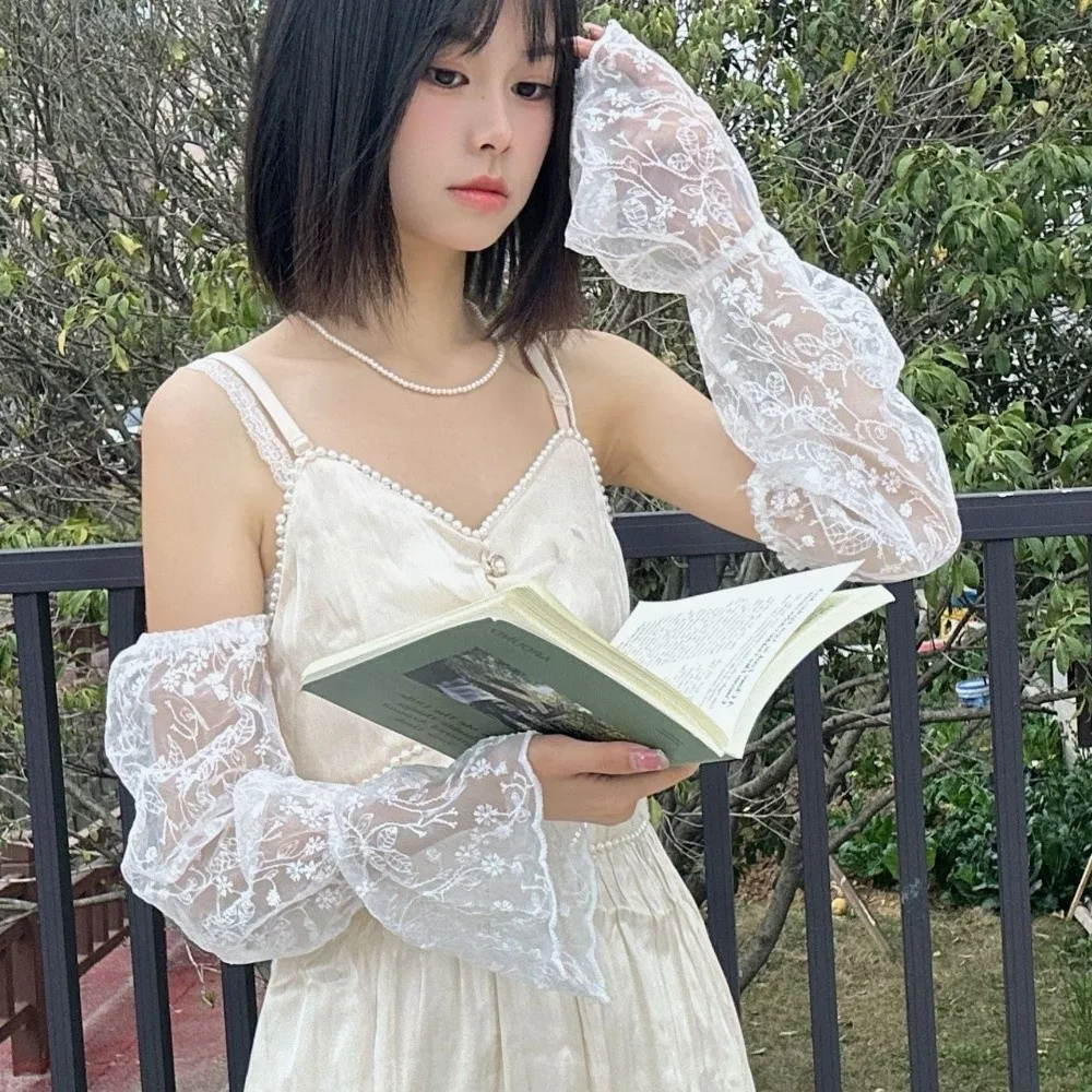 심플 탄성 아이스 실크 슬리브 속이 비치는 메쉬 자외선 차단 팔토시 루즈핏 꽃무늬 긴팔 팔 커버 여름용
