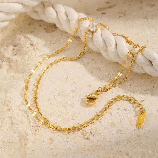 Waterproof Layered Anklet Bracelet for Women, Adjustable Gold Plated with Zirconia Stainless Steel Link Foot Chain Jewelry 4