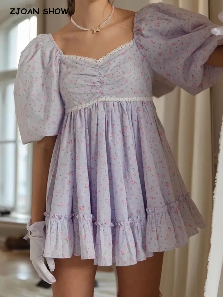 

2022 Summer Purple Floral Print Ball Gown Dress Square Collar Puff Sleeve Retro Women Swing Mini Dresses Fairy Cake Vestidos