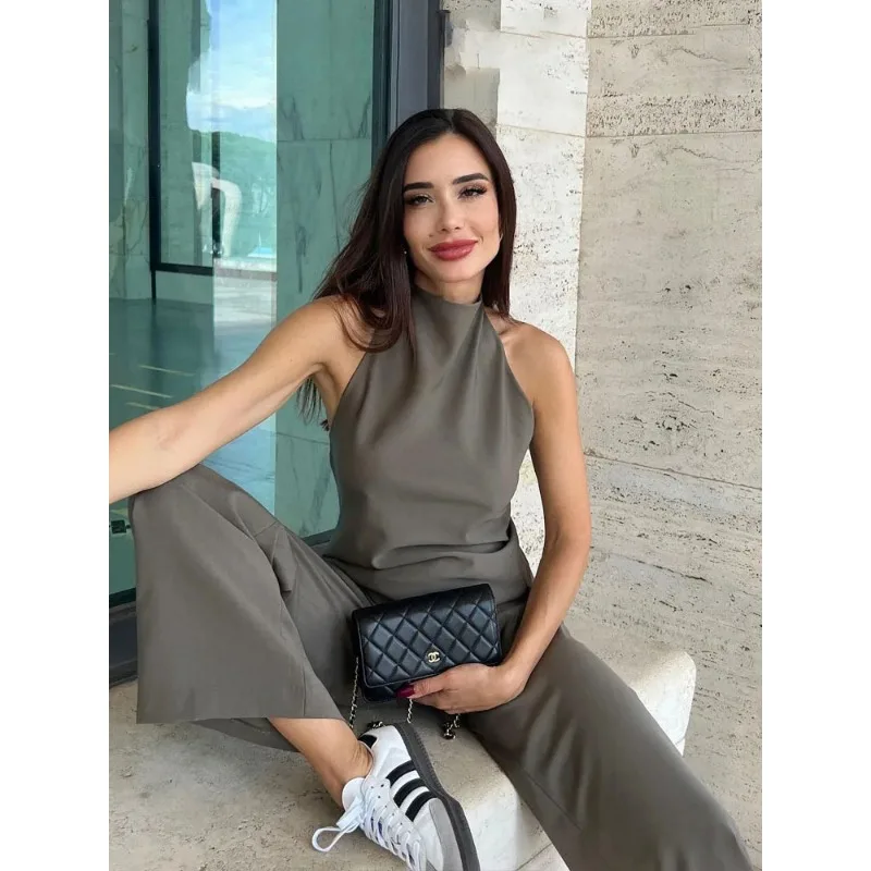 Women Vintage Solid Pant Sets Sexy Backless Halter Camis Top Asymmetric Tank Top + Drawstring Trousers Fashion Streetwear