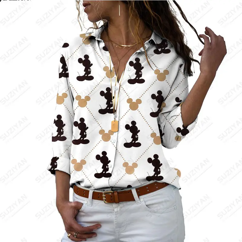 

Fashion Women's Disney 3D Printed Shirt Spring/Summer 2023 Casual Long Sleeve V-Neck Women's Button Top Loose Shirt Plus Size