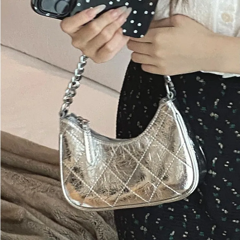 Xiuya Silver Casual Womens Handbag Chain Korean Popular Fashion Vintage Shoulder Bag Exquisite All-match New Ladies Armpit Bag