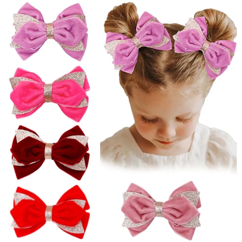 ncmama 2Pcs Glitter Velvet Hair Bows Clips For Baby Girls Handmade Bowknote Hairpin Barrette Headwear Boutique Hair Accessories