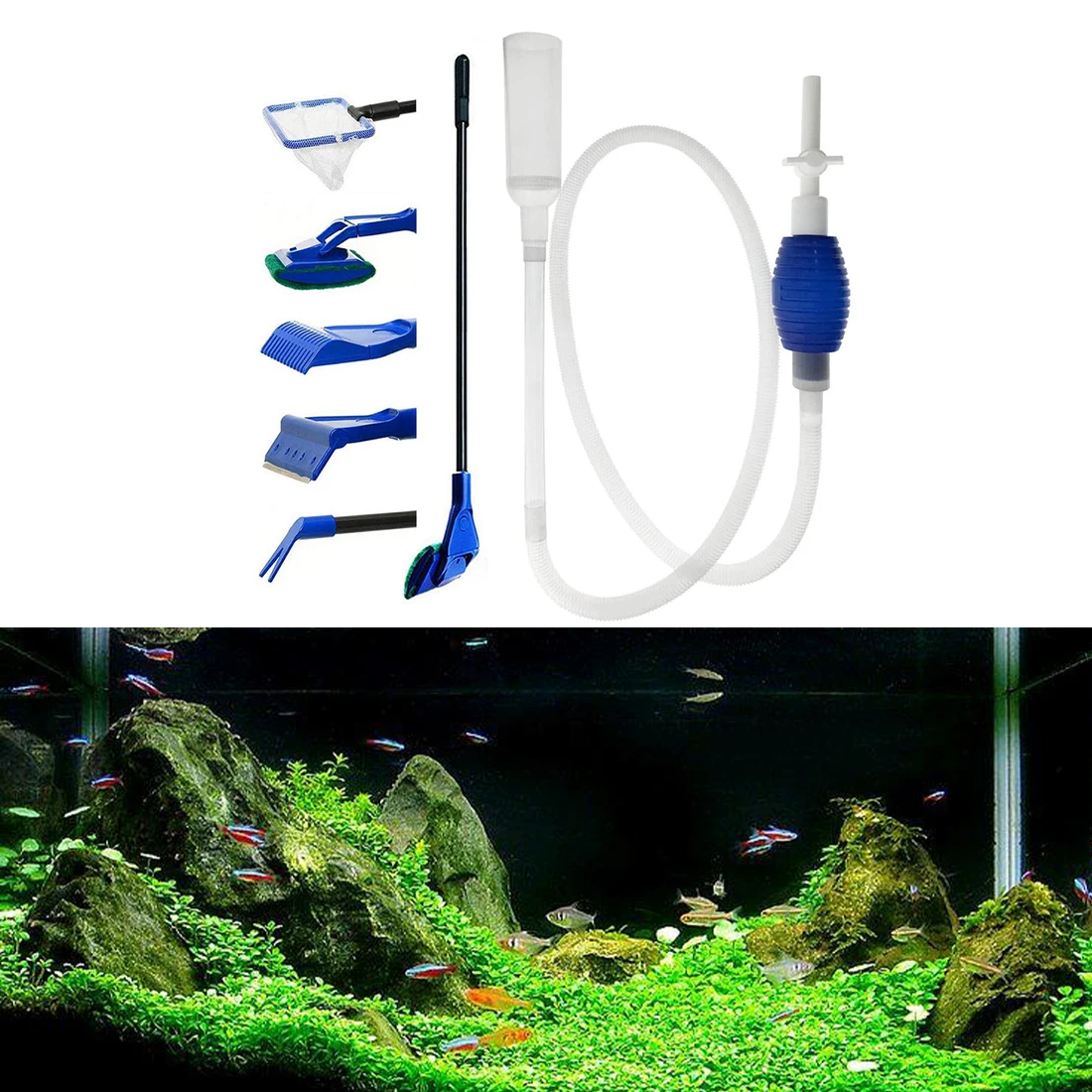 

Fish Tank Glass Cleaning Brush Aquarium Tool Fishing Aquatic Grass Clip Algae Scraping Knife Long Handle Five-in-One Cleaning