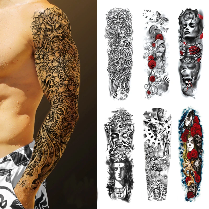 

Waterproof Temporary Tattoo Stickers Full Arm Large Skull Old School Tatoo Stickers Flash Fake Tattoos for Men Women